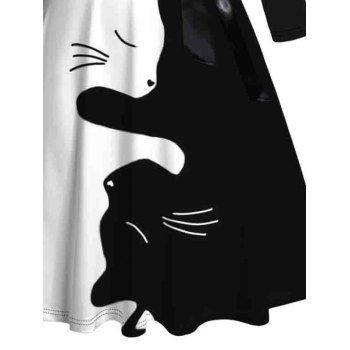 Two Tone Cat Print Belted Long Sleeve Halloween Dress