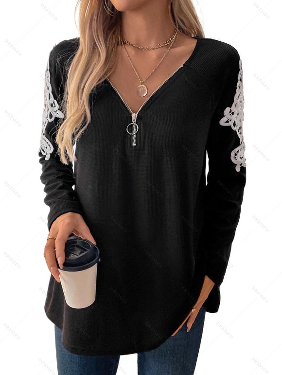 T-shirt Décontracté Anneau en O à Manches Raglan en Dentelle - Noir XL | US 10