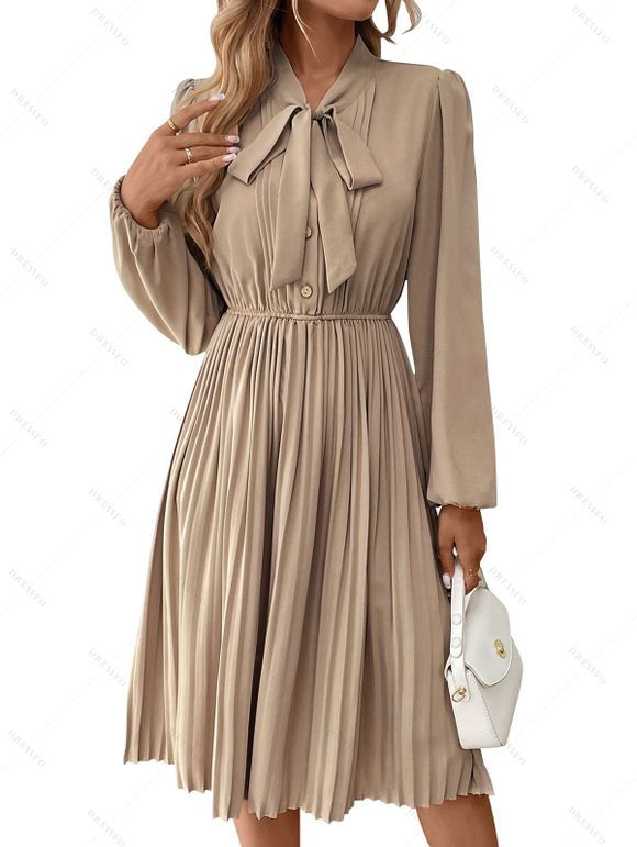 Robe Mi-longue Plissée Boutonnée en Couleur Unie à Manches Longues à Taille Haute - café lumière S | US 4