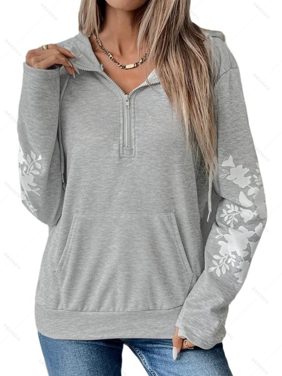 Sweat à Capuche Décontracté Fleur Imprimée Contrasté avec Poche Kangourou à Cordon - Gris Clair XL | US 10