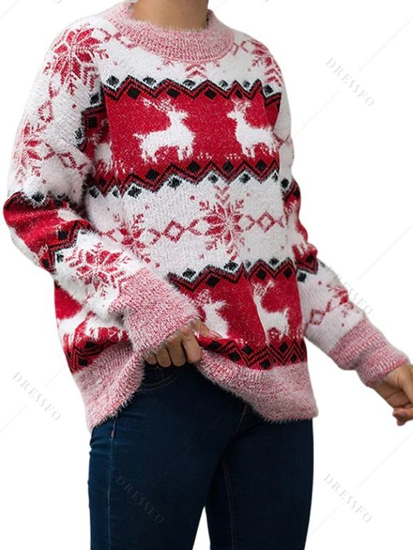 Pull à Épaules Tombantes de Couleurs Contrastées Motif Flocons de Neige Élans de Noël - Rouge L | US 8