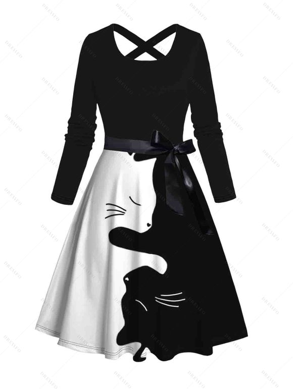 Robe D'Halloween Ceinturée Chat Imprimé Bicolore à Manches Longues - Noir XL | US 12