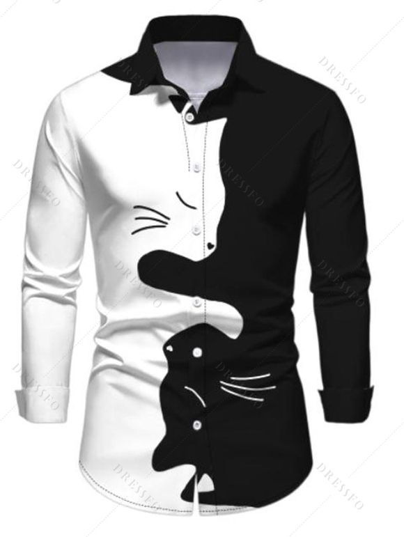 Chemise Boutonnée Chat Imprimé Bicolore à Manches Longues - Noir 5XL