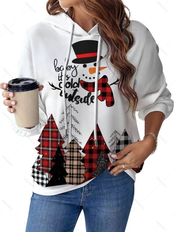 Sweat à Capuche Décontracté Graphique Slogan Bonhomme de Neige et Sapin de Noël - Blanc M | US 6