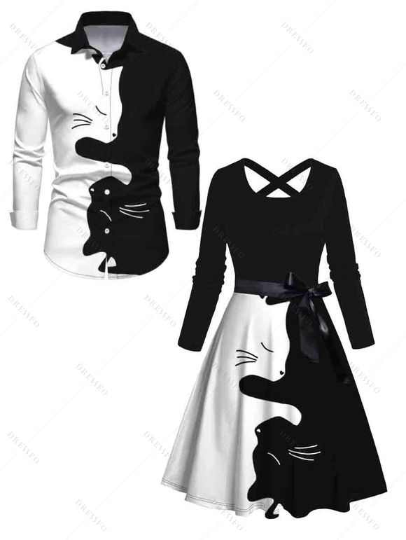 Two Tone Cat Print Belted Long Sleeve Dress And Button Up Shirt Matching Outfit - Noir S | US 4