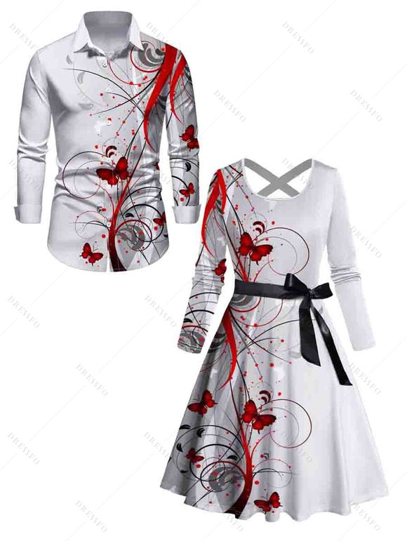 Halloween Blood Butterfly Print Cross Belted Long Sleeve Dress And Button Up Shirt Matching Outfit - Blanc S | US 4