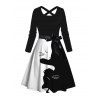 Robe D'Halloween Ceinturée Chat Imprimé Bicolore à Manches Longues - Noir XXL | US 14