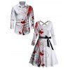 Halloween Blood Butterfly Print Cross Belted Long Sleeve Dress And Button Up Shirt Matching Outfit - Blanc S | US 4