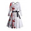 Halloween Blood Butterfly Print Cross Belted Long Sleeve Dress And Button Up Shirt Matching Outfit - Blanc S | US 4