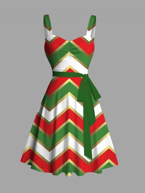 Robe de Fête Noël Froncée sur la Poitrine avec Col en Cœur Imprimé Chevron et Ceinture