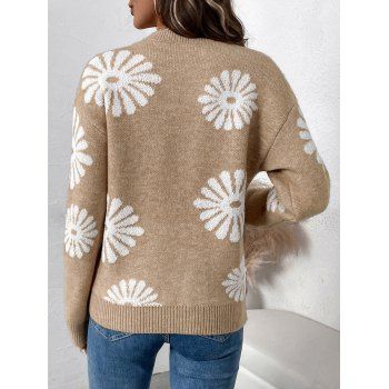 Contrast Flower Graphic Drop Shoulder Sweater Crew Neck Ribbed Hem Casual Sweater