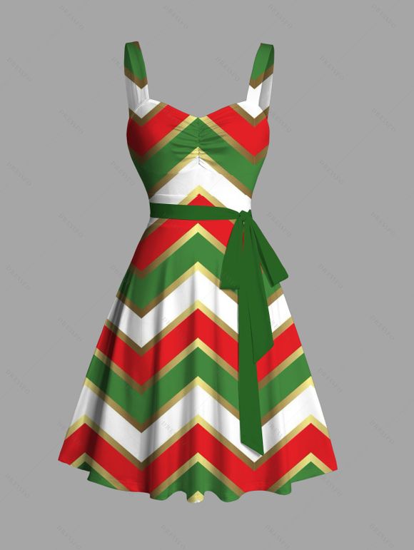 Robe de Fête Noël Froncée sur la Poitrine avec Col en Cœur Imprimé Chevron et Ceinture - multicolor L | US 8-10