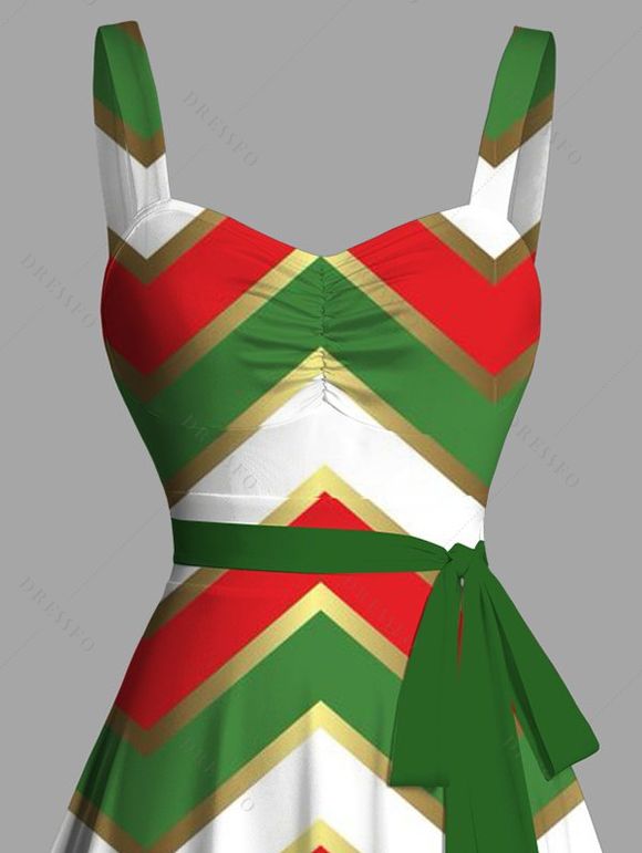 Robe de Fête Noël Froncée sur la Poitrine avec Col en Cœur Imprimé Chevron et Ceinture - multicolor M | US 6