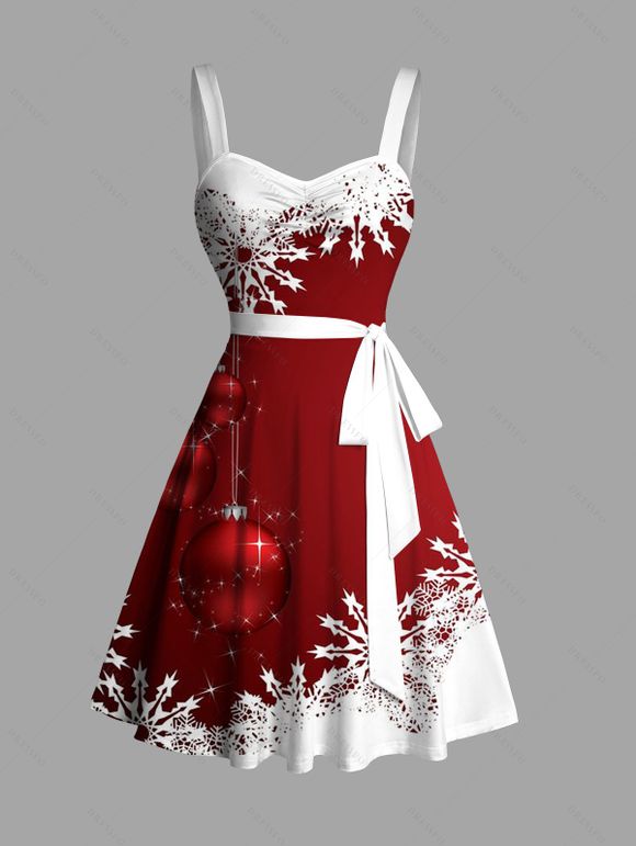 Robe de Soirée Volantée Imprimé Flocon de Neige et Clochette de Noël - Rouge XXXL | US 16