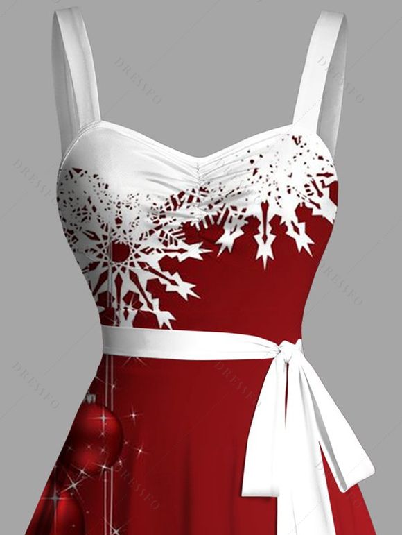 Robe de Soirée Volantée Imprimé Flocon de Neige et Clochette de Noël - Rouge XXXXXL | US 20