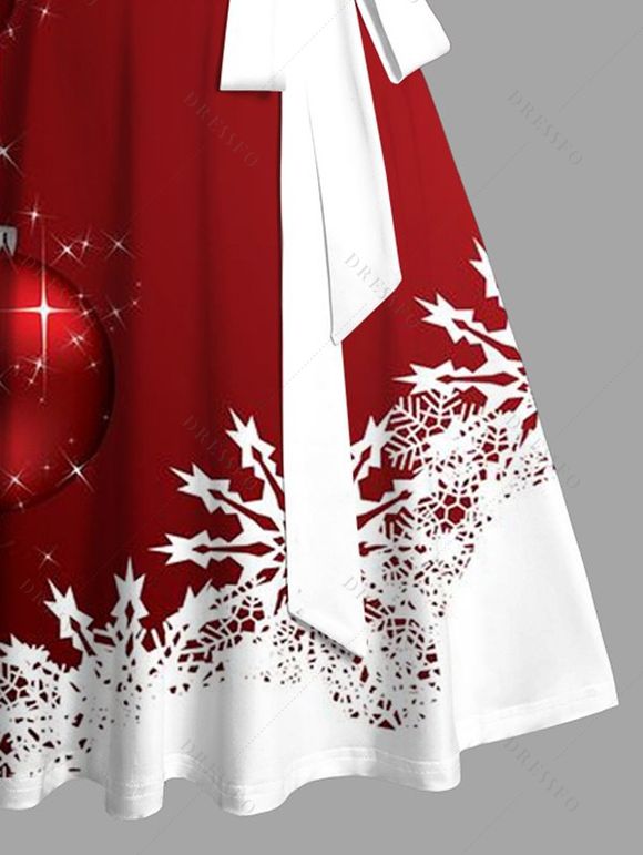 Robe de Soirée Volantée Imprimé Flocon de Neige et Clochette de Noël - Rouge XXXXXL | US 20