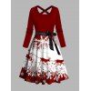 Christmas Snowflake Elk Sleigh Ride Print Crisscross Bowknot Belted Dress Long Sleeve High Waisted A Line Midi Dress