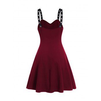 Plain Color Dress Grommet Buckle Chain Embellishment High Waisted Sleeveless A Line Midi Dress 