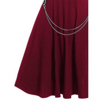 Plain Color Dress Grommet Buckle Chain Embellishment High Waisted Sleeveless A Line Midi Dress