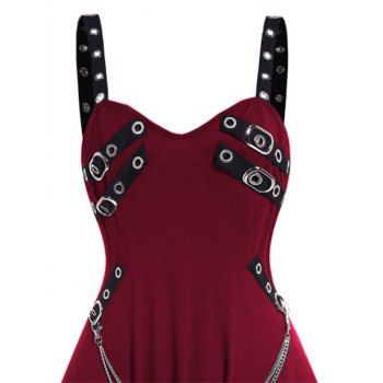 Plain Color Dress Grommet Buckle Chain Embellishment High Waisted Sleeveless A Line Midi Dress 