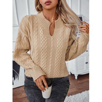 Drop Shoulder Solid Color Cable Knit Notched Crew Neck Ribbed Hem Sweater