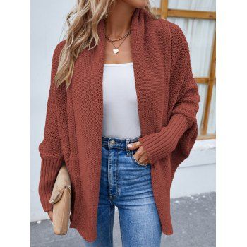 Solid Color Open-Front Knit Sweater Batwing Sleeve Honeycomb Cardigan