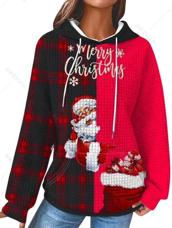 Sweat à Capuche de Noël Texturé Imprimé Carreaux Père Noël avec Poche Kangourou - Rouge S | US 4