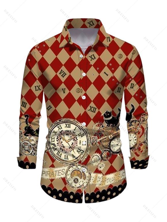 Chemise Boutonnée Chat et Horloge Imprimés à Manches Longues - café lumière 3XL