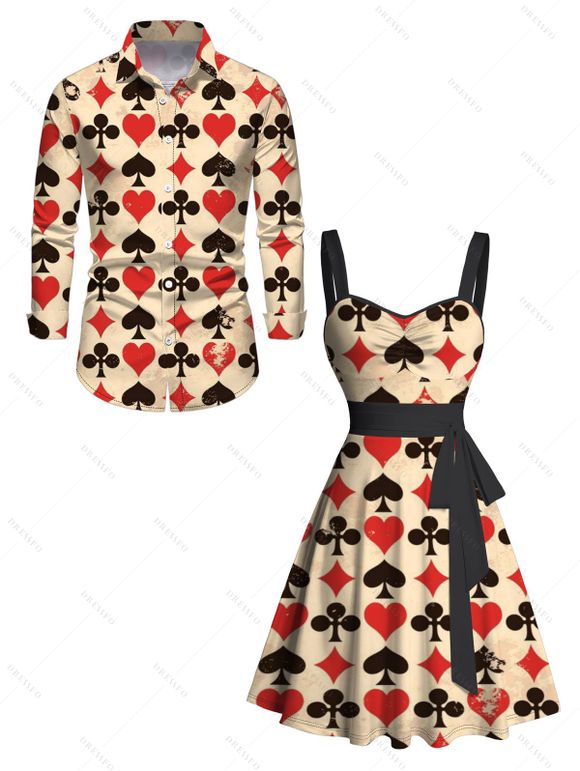 Allover Playing Card Pattern Belted Mini Dress And Long Sleeve Button Down Shirt Matching Outfit - café lumière S | US 4