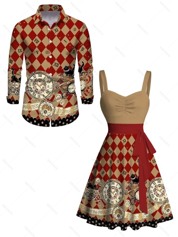 Checkerboard Cat Clock Vintage Pattern Belted Mini Dress And Long Sleeve Button Down Shirt Matching Outfit - café lumière S | US 4