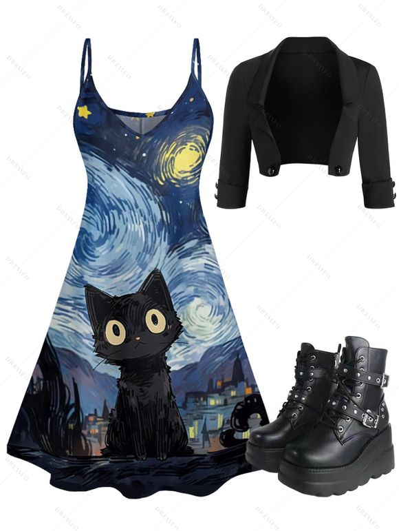 Cat Galaxy Art Print V Neck Spaghetti Strap Dress Crop Jacket And Chunky Sole Lace Up Zipper Boots Outfit - Noir S | US 4