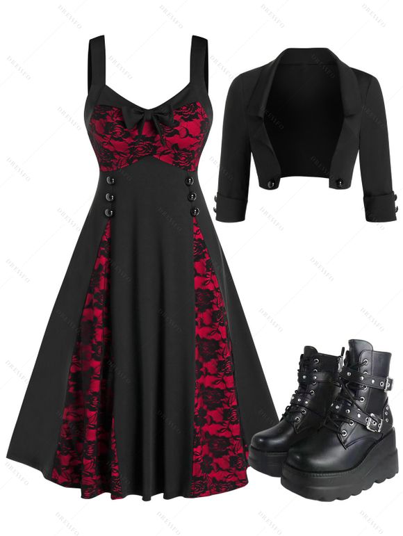 Gothic Flower Lace Contrast Vintage Dress Cropped Jacket And Gothic Chain Detail Chunky Sole Boots Outfit - Noir S | US 4