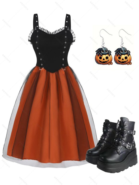 Gothic Colorblock Lace Ruffle Mesh Grommet A Line Dress And Chunky Sole Zipper Boots Halloween Earrings Outfit - Orange S | US 4