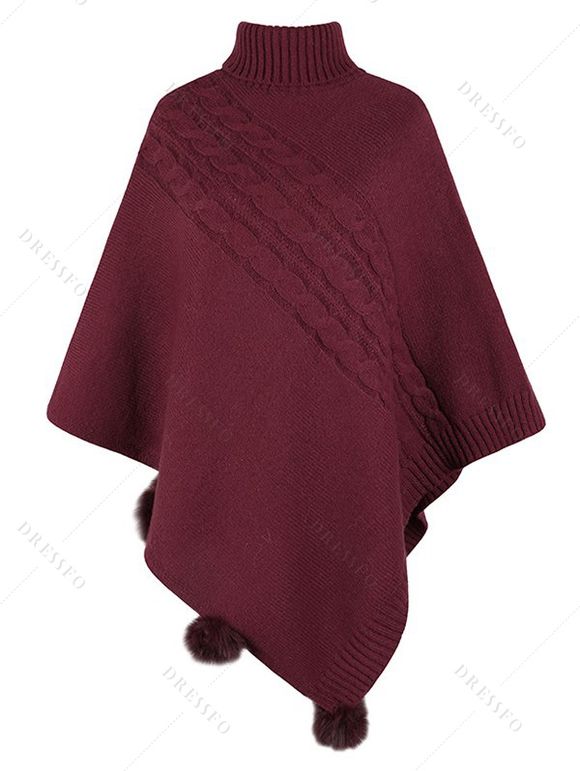 Châle Cape Pull-over en Tricot à Câble avec Pompon à Col Roulé - Rouge foncé ONE SIZE