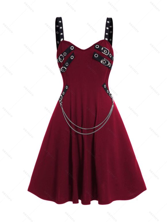 Robe Mi-Longue Ligne A Embellie de Chaîne en Couleur Unie sans Manches à Taille Haute - Rouge foncé L