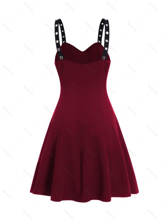Robe Mi-Longue Ligne A Embellie de Chaîne en Couleur Unie sans Manches à Taille Haute - Rouge foncé M