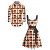 Allover Playing Card Pattern Belted Mini Dress And Long Sleeve Button Down Shirt Matching Outfit - café lumière S | US 4