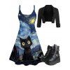 Cat Galaxy Art Print V Neck Spaghetti Strap Dress Crop Jacket And Chunky Sole Lace Up Zipper Boots Outfit - Noir S | US 4