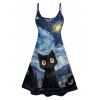 Cat Galaxy Art Print V Neck Spaghetti Strap Dress Crop Jacket And Chunky Sole Lace Up Zipper Boots Outfit - Noir S | US 4