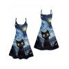 Cat Galaxy Art Print V Neck Spaghetti Strap Dress Crop Jacket And Chunky Sole Lace Up Zipper Boots Outfit - Noir S | US 4