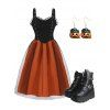 Gothic Colorblock Lace Ruffle Mesh Grommet A Line Dress And Chunky Sole Zipper Boots Halloween Earrings Outfit - Orange S | US 4