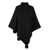 Châle Cape Pull-over en Tricot à Câble avec Pompon à Col Roulé - Noir ONE SIZE