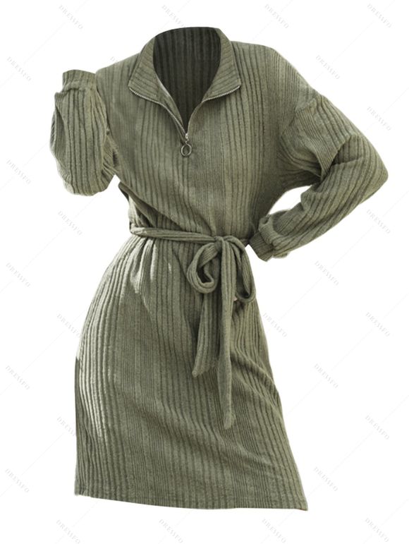 Mini Robe Zippée Ceinturée à Goutte Epaule en Couleur Unie à Manches Longues - Vert profond M | US 6