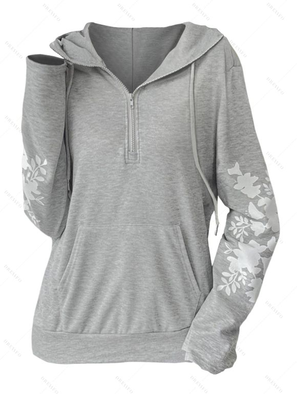 Sweat à Capuche Décontracté Fleur Imprimée Contrasté avec Poche Kangourou à Cordon - Gris Clair M | US 6