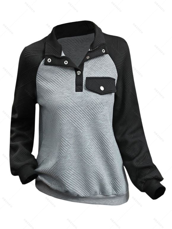Haut Décontracté Texturé Ligne A à Demi-bouton en Blocs de Couleurs à Manches Raglan avec Poche - Gris XL | US 10