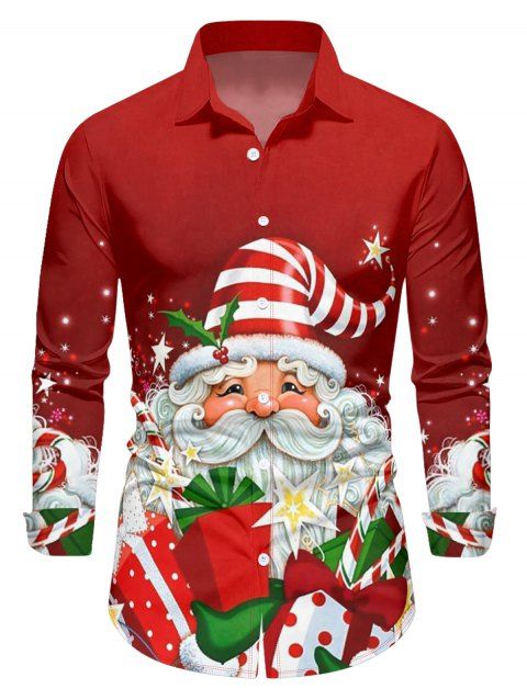 Christmas Santa Claus Print Shirt Long Sleeve Button Up Xmas Shirt