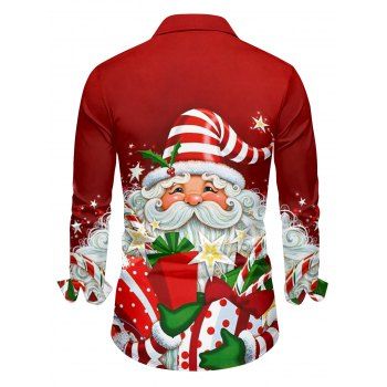 Santa Claus Print Crisscross Bowknot Belted Dress and Button Up Xmas Shirt Outfit