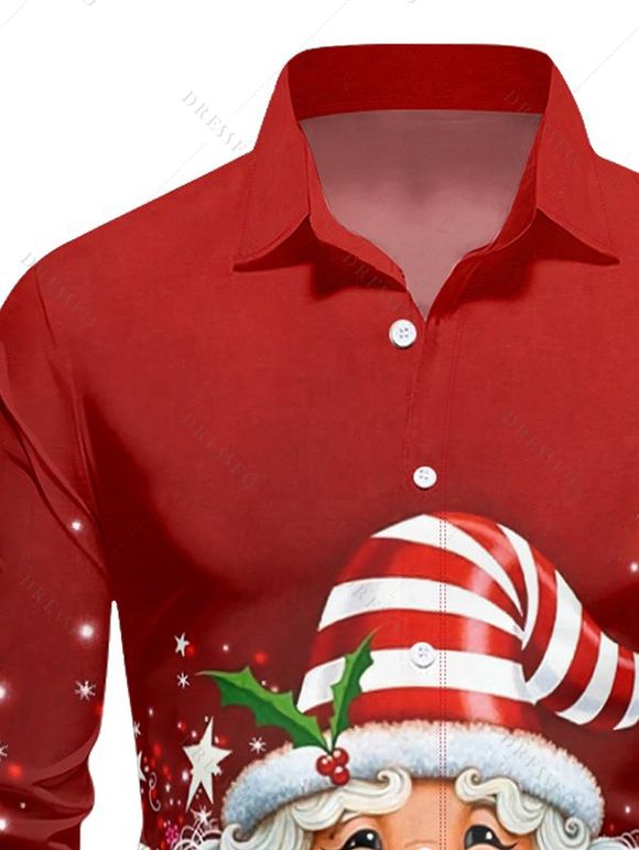 Chemise Boutonnée Père Noël Imprimé à Manches Longues - Rouge 4XL