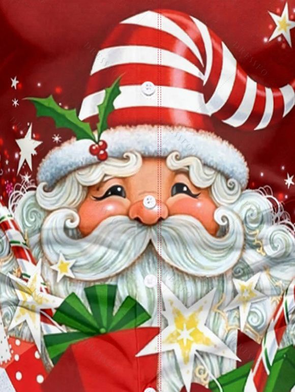 Chemise Boutonnée Père Noël Imprimé à Manches Longues - Rouge 4XL
