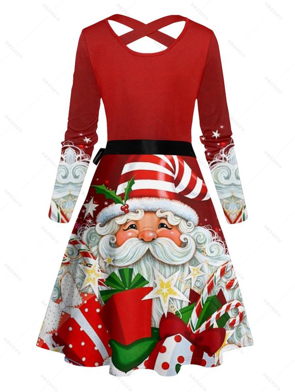 Robe Mi-Longue Ligne A Ceinturée Croisé Père Noël Imprimé à Taille Haute - Rouge L | US 8-10